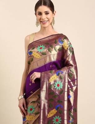 purple woven design zari silk blend paithani saree 2