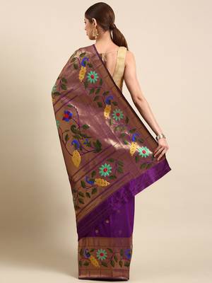 purple woven design zari silk blend paithani saree 3