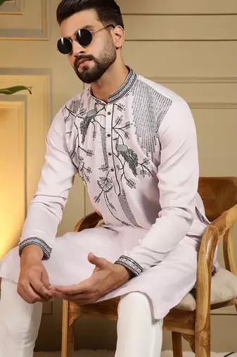 Light pink viscose silk embroidery sequence work premium designer only kurta