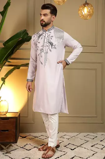 Light pink viscose silk embroidery sequence work premium designer kurta pajama