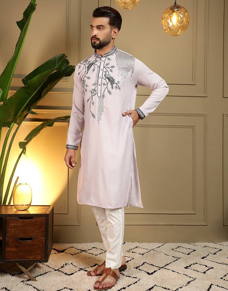 Light pink viscose silk embroidery sequence work premium designer kurta pajama