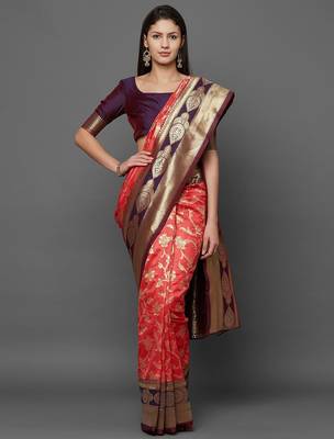 peach peach & burgundy woven design zari silk blend banarasi saree 1