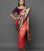 peach peach & burgundy woven design zari silk blend banarasi saree