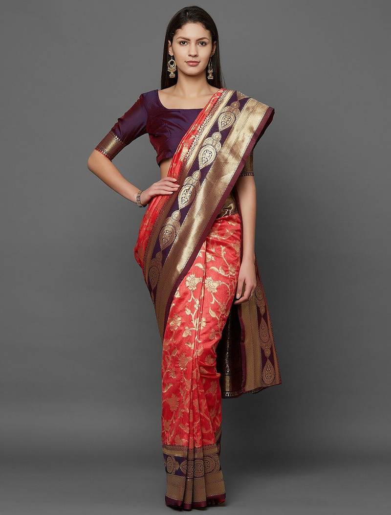 peach peach & burgundy woven design zari silk blend banarasi saree