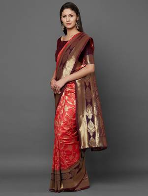 peach peach & burgundy woven design zari silk blend banarasi saree 2