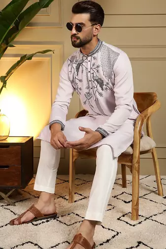 Light pink viscose silk embroidery sequence work premium designer kurta pajama