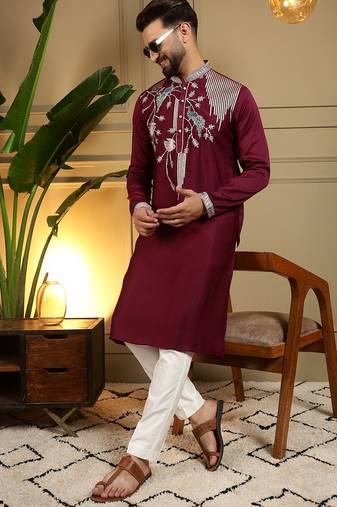 Maroon viscose silk embroidery sequence work premium designer only kurta