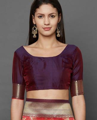 peach peach & burgundy woven design zari silk blend banarasi saree 5