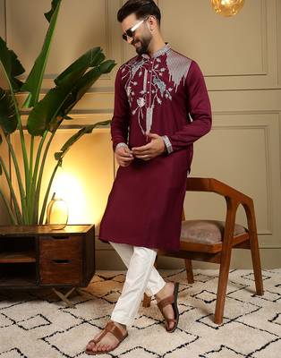 Maroon viscose silk embroidery sequence work premium designer kurta pajama 1