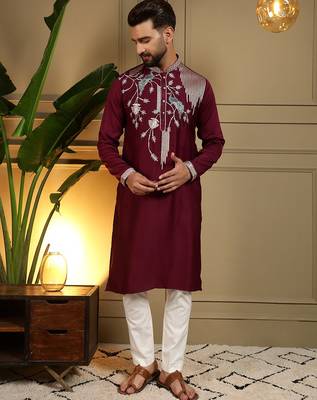 Maroon viscose silk embroidery sequence work premium designer kurta pajama 2