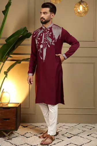 Maroon viscose silk embroidery sequence work premium designer kurta pajama