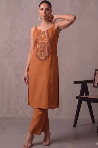 women ethnic motifs embroidered regular thread work kurta with trousers