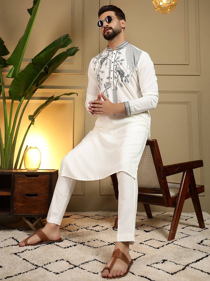 Off white viscose silk embroidery sequence work premium designer only kurta