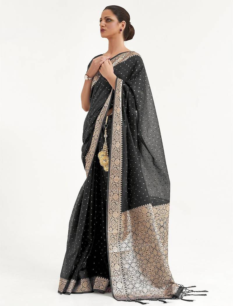 black black & gold-toned floral zari silk blend banarasi saree