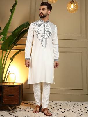 Off white viscose silk embroidery sequence work premium designer kurta pajama 2
