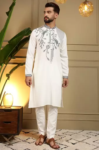 Off white viscose silk embroidery sequence work premium designer kurta pajama