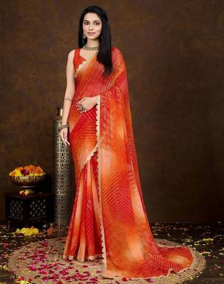 orange women bandhani printed embellished saree 1