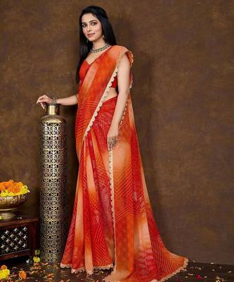 orange women bandhani printed embellished saree 3