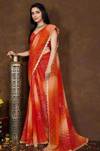 orange women bandhani printed embellished saree