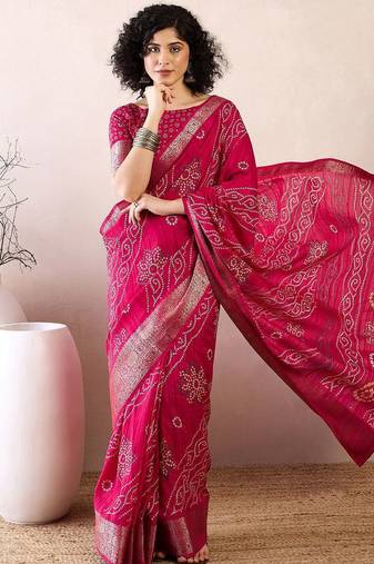pink ready to wear bandhani printed zari muga saree
