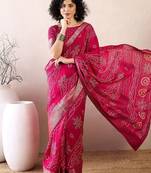 pink ready to wear bandhani printed zari muga saree