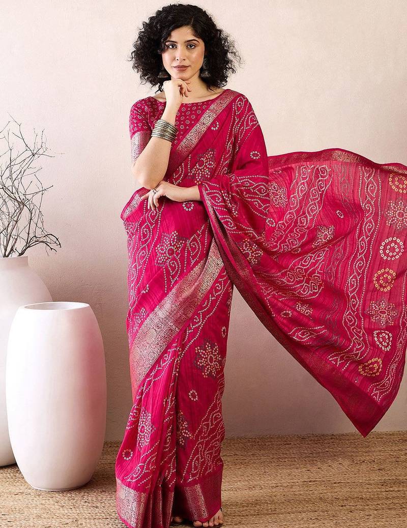 pink ready to wear bandhani printed zari muga saree