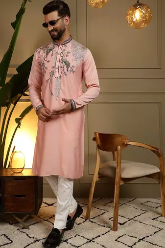 Peach viscose silk embroidery sequence work premium designer only kurta