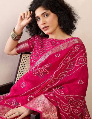 pink ready to wear bandhani printed zari muga saree 2