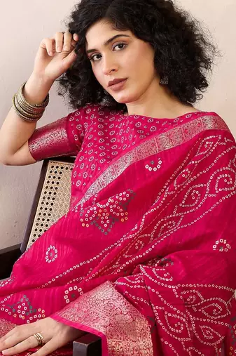 pink ready to wear bandhani printed zari muga saree