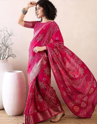 pink ready to wear bandhani printed zari muga saree 3