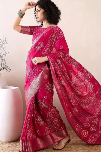 pink ready to wear bandhani printed zari muga saree