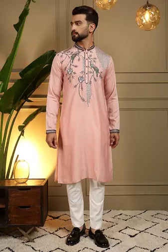 Peach viscose silk embroidery sequence work premium designer only kurta