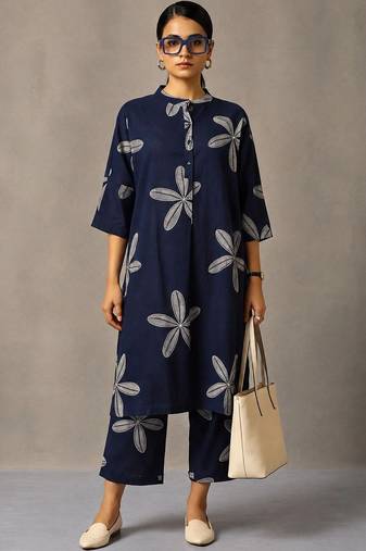 women floral printed regular cotton kurta with trousers