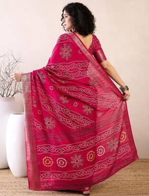 pink ready to wear bandhani printed zari muga saree 4