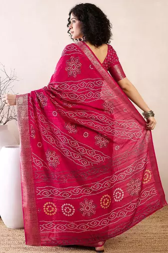 pink ready to wear bandhani printed zari muga saree
