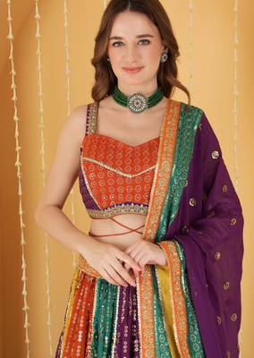 Multicoloured Zari And Sequins Embroidered Georgette Lehenga Set 2