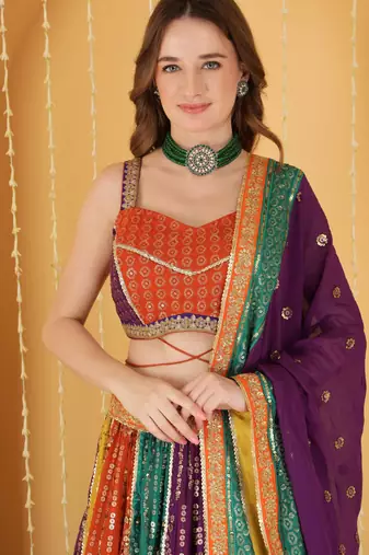 Multicoloured Zari And Sequins Embroidered Georgette Lehenga Set