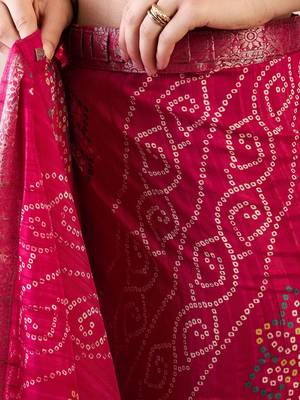 pink ready to wear bandhani printed zari muga saree 5