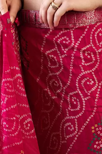 pink ready to wear bandhani printed zari muga saree