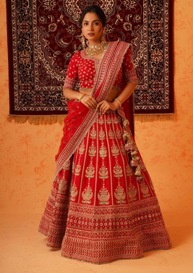 Red Viscose Dupion Silk Heavy Hand Embroidered Lehenga Set