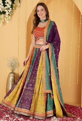 Multicoloured Zari And Sequins Embroidered Georgette Lehenga Set 3
