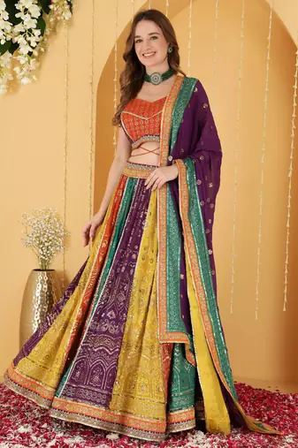 Multicoloured Zari And Sequins Embroidered Georgette Lehenga Set