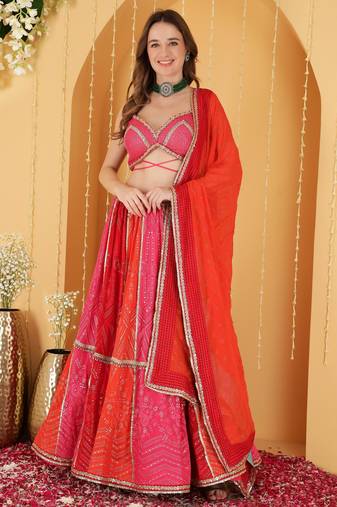 Multicoloured Zari And Sequins Embroidered Georgette Lehenga Set