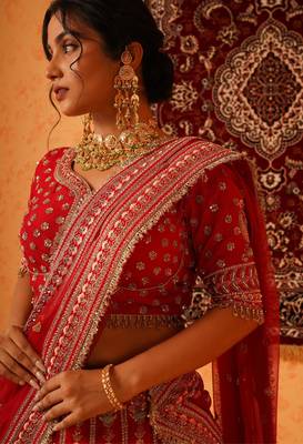 Red Viscose Dupion Silk Heavy Hand Embroidered Lehenga Set 2