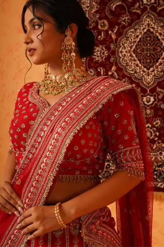 Red Viscose Dupion Silk Heavy Hand Embroidered Lehenga Set