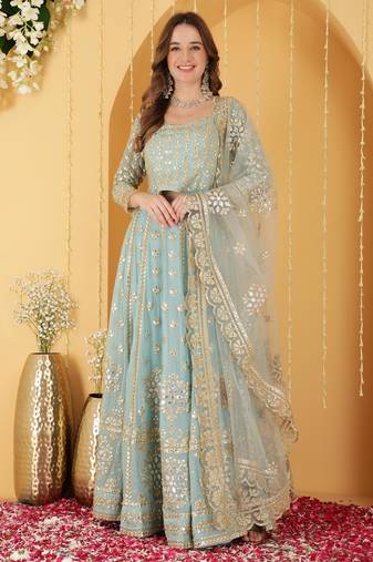 Light Teal Gota Patti Work Georgette Lehenga Set