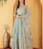 Light Teal Gota Patti Work Georgette Lehenga Set