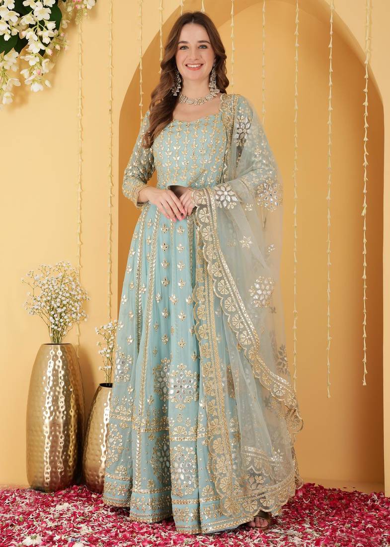 Light Teal Gota Patti Work Georgette Lehenga Set