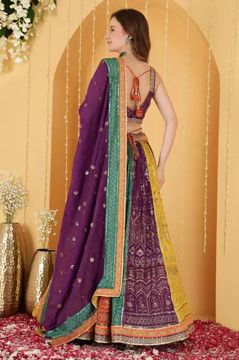Multicoloured Zari And Sequins Embroidered Georgette Lehenga Set