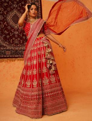 Red Viscose Dupion Silk Heavy Hand Embroidered Lehenga Set 3